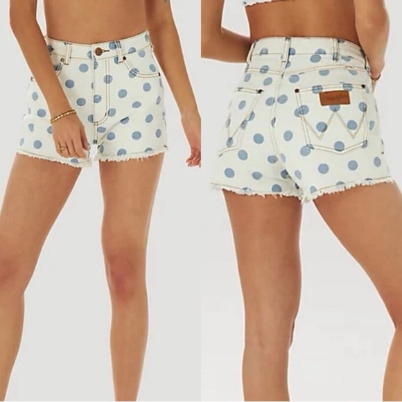 Billabong X Wrangler Showdown Blue Polka Dot White Frayed Hem Jean Shorts 24 - Picture 1 of 9